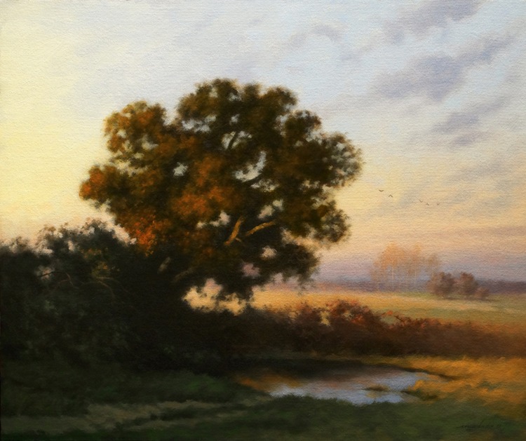 Bocage un soir d'hiver, huile sur panneau entoilé (55 x 46 cm).